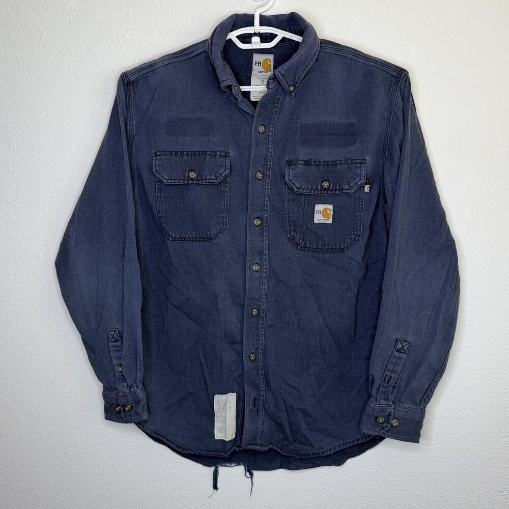 Carhartt FR Flame Resistant Work Shirt Men’s M Blue Faded Distressed Workwear